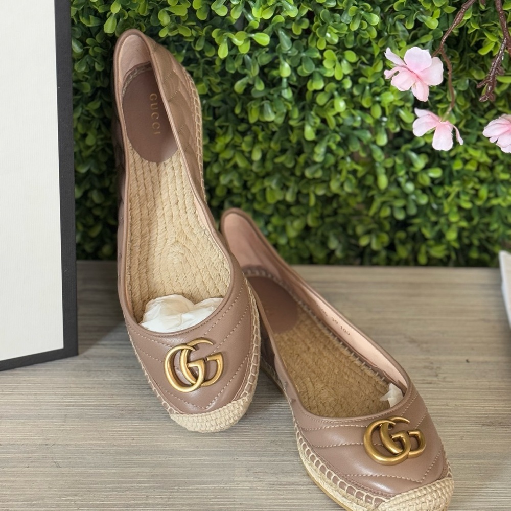 New Marmont Gucci Tan Espadrilles with Iconic GG Logo